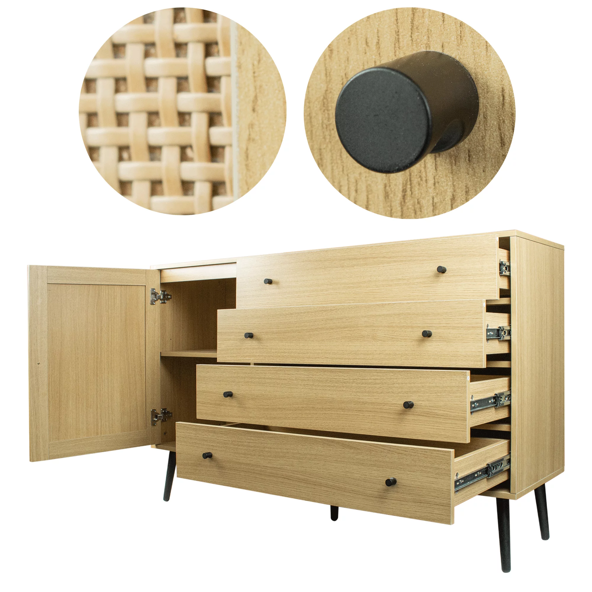 HIUU Storage Cabinet with Door and 4 Drawers for Living room,Sideboard Buffet Cabinet for Dining Room,Natural Wood Dresser for Bedroom