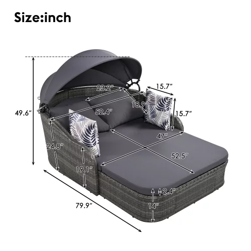 Churanty Outdoor Sunbed with Adjustable Canopy for Two Person Patio Chaise Double Lounger for Beach Backyard,Gray