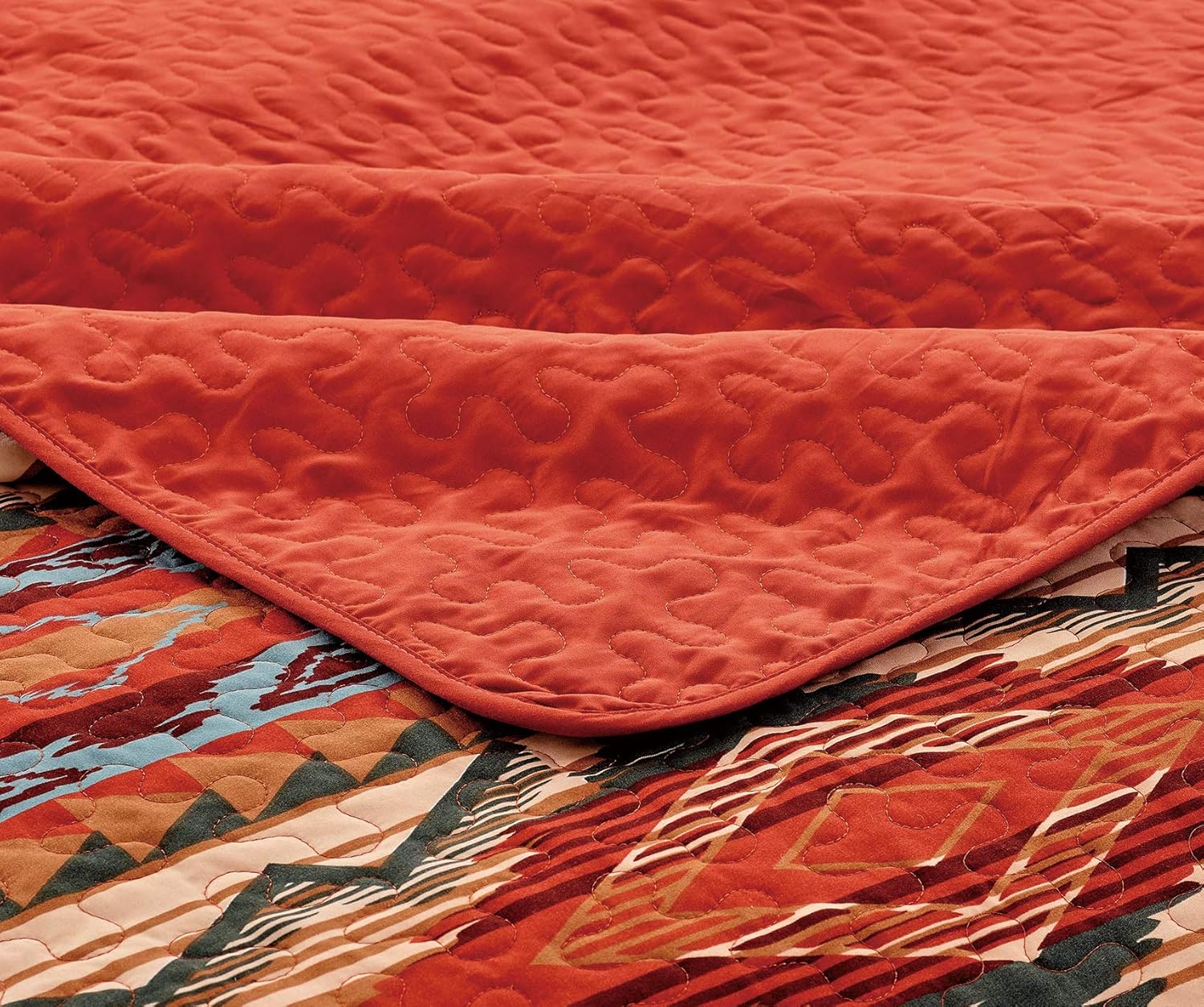 Rustic Western Native American Quilt Bedspread Coverlet Bedding Set in Modern Southwest Tribal Patterns in Soft Beige Brown Turquoise Blue Copper Burnt Orange & Rust Colors - Arizona (Full / Queen)