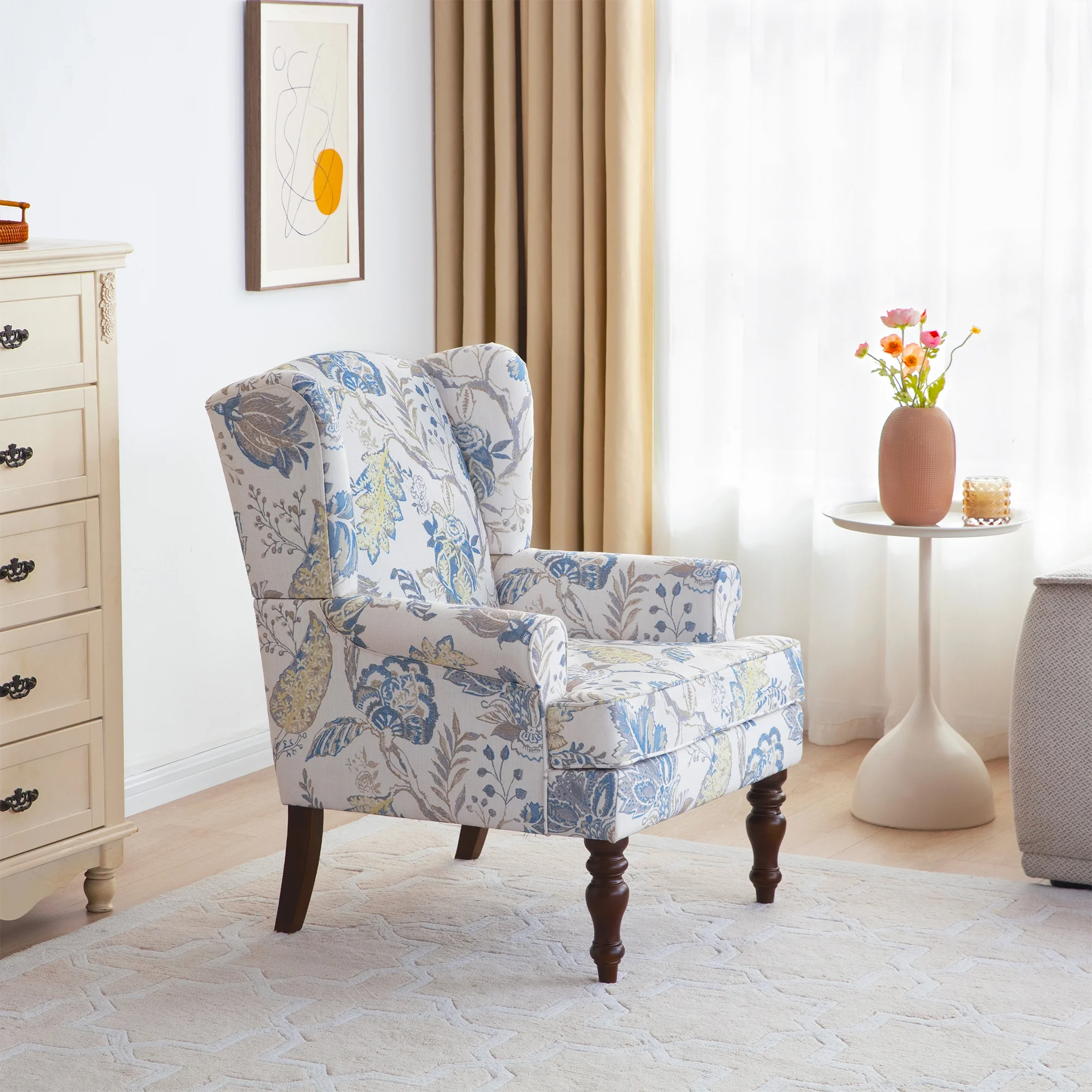 HUIMO Wingback Accent Chair, Upholstered Mid Century Modern Armchair with Solid Wood Legs, Fabric Linen Leisure Single Sofa Chair for Living Room, Bedroom, Comfy Reading Chair, Blue Floral Print