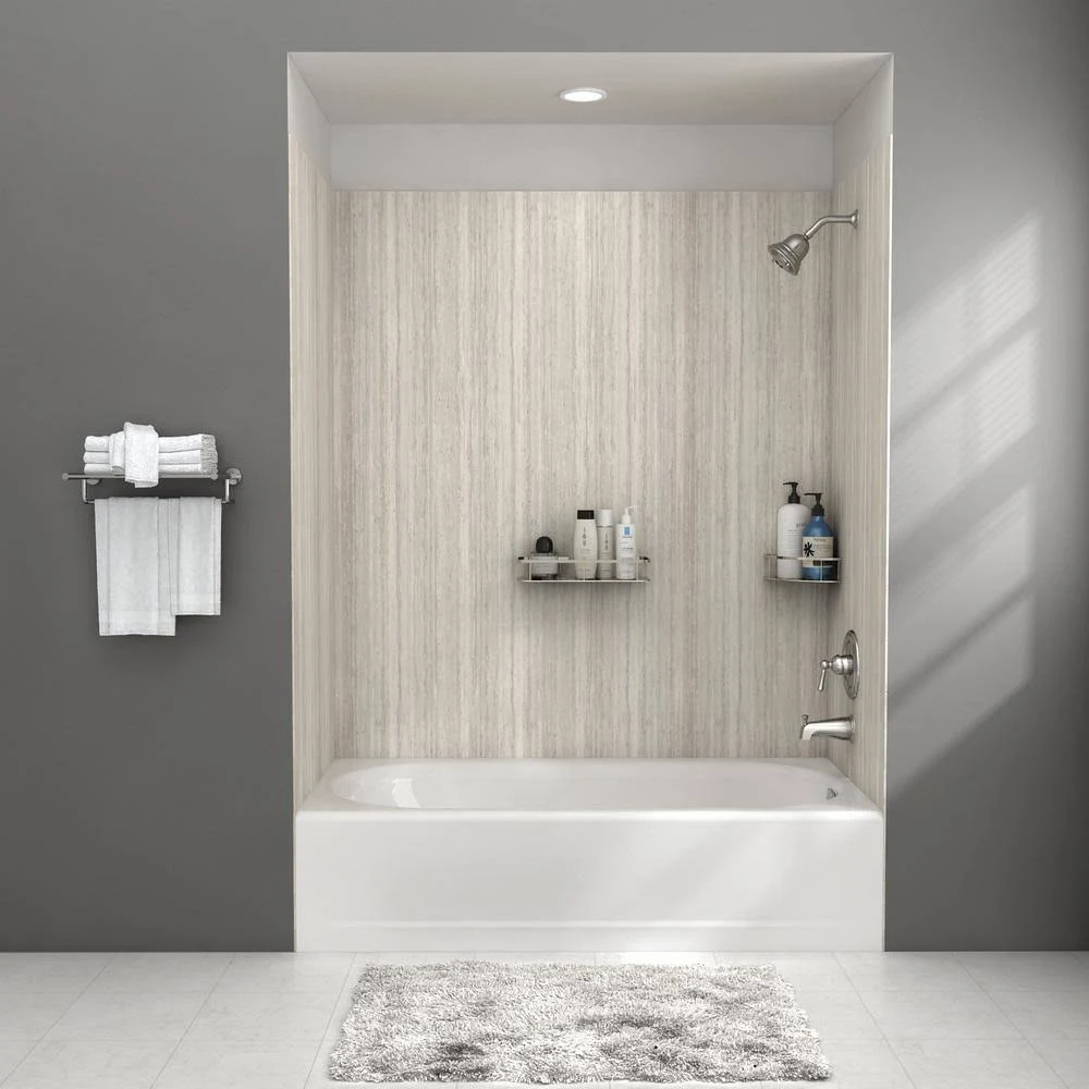 American Standard Passage 32 in. x 60 in. 4-Piece Glue-up Alcove Bath Wall in Pewter Travertine