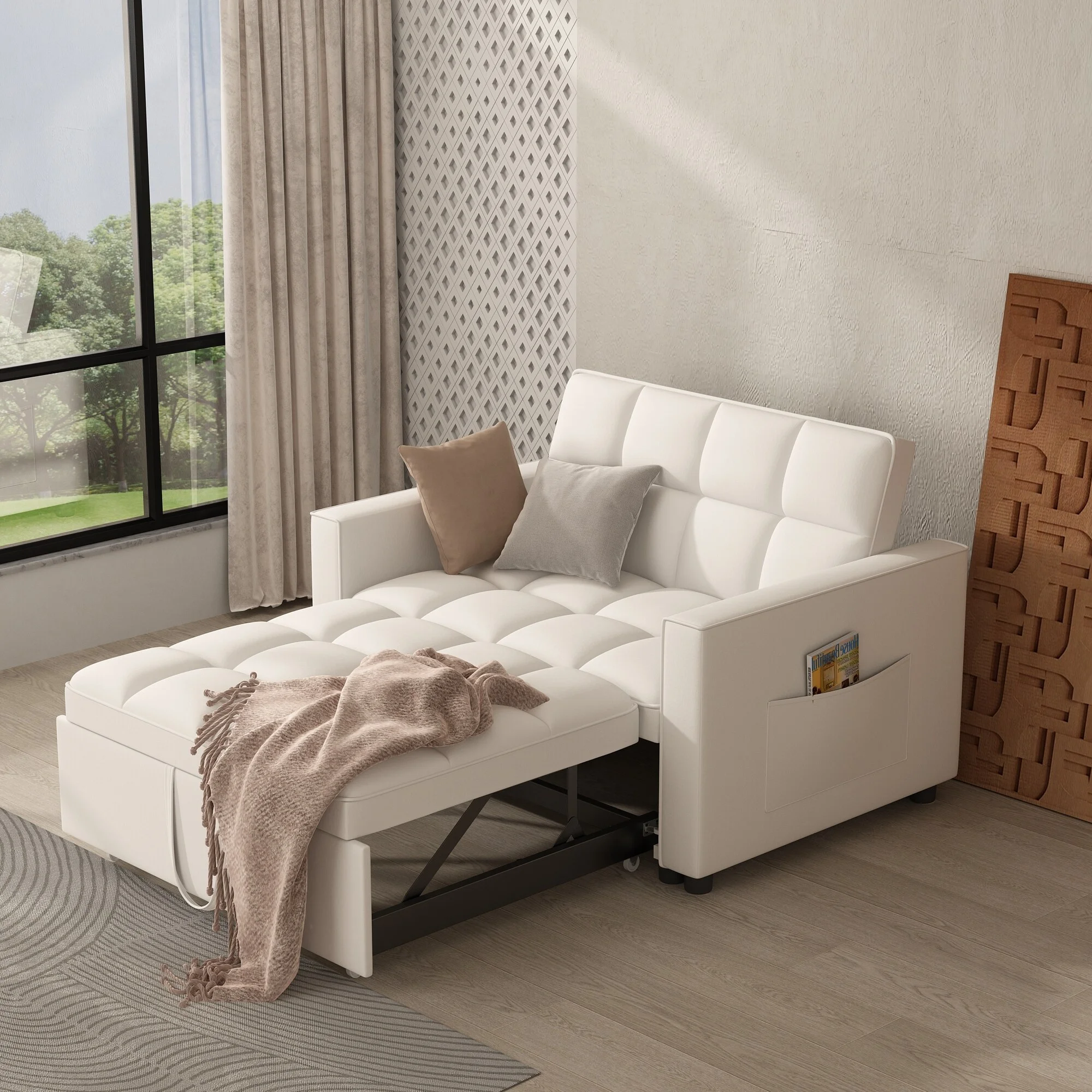 Sleeper Sofa Couch Bed 3-1 Loveseat Sleeper with Pullout Bed Off white