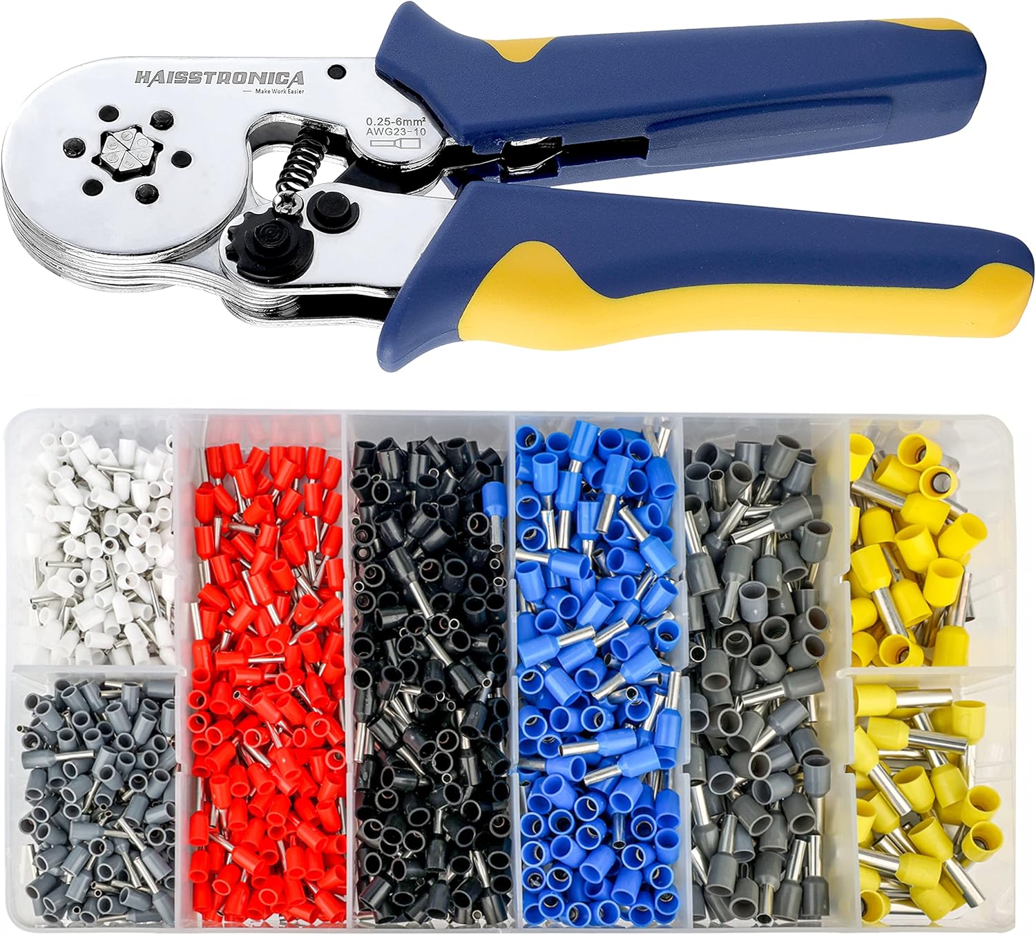 Ferrule Crimping Tool Kit,Haisstronica Self-Adjusting Hexagonal Wire Crimper Plier for AWG 23-10 with 1200PCS Red Copper Wire End Terminals,Ratchet Wire Crimping Tool-Wire End Ferrules Pack of 2