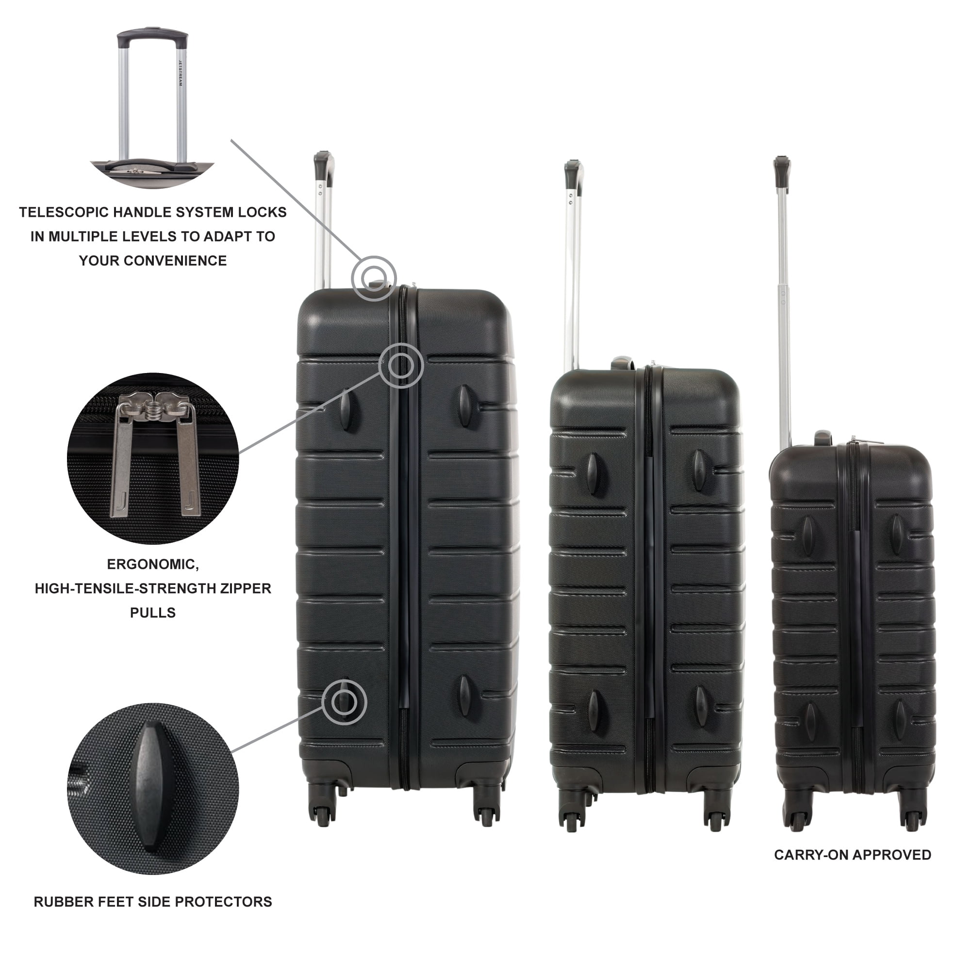 Jetstream 3 Piece Set Hardside Spinner Luggage, 20" Carry On, 24" and 28" Checked Luggage Trio, Black