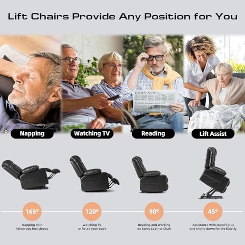Large Power Lift Chairs Recliners for Elderly with Heated and Massage, Overstuffed Adjustable Lift Chairs, 3 Positions, Breathable Leather, USB-A and USB-C, Cup Holder, Side Pocket Dark Brown