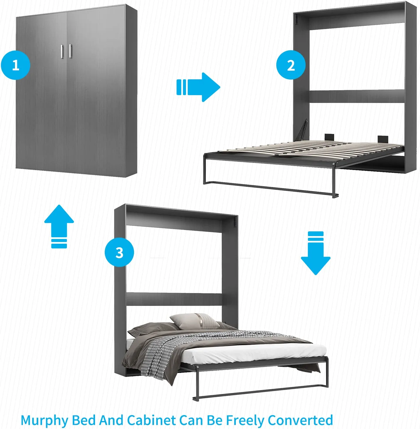 Mjkone Murphy Bed with 1 Side Cabinet, Folding Wall Bed for Bedroom, Fold Up Murphy Bed Cabinet, Murphy Chest Bed Can Be Folded into a Cabinet, Storage Bed (Dark Grey)