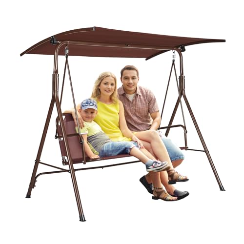 VEVOR 3-Seat Patio Swing Chair, Converting Canopy Swing, Outdoor Patio Porch with Adjustable Canopy, Removable Thick Cushion and Alloy Steel Frame, for Balcony, Backyard, Poolside, Brown