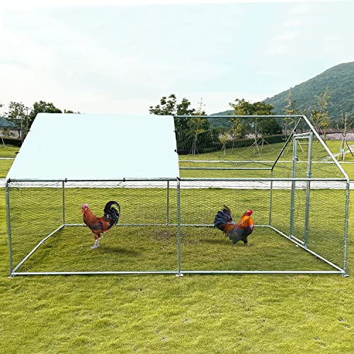 Large Metal Chicken Coop Walk-in Poultry Cage Chicken Run Pen Dog Kennel with Waterproof and Anti-Ultraviolet Cover for Outdoor Farm Use(9.8' L x 19.7' W x 6.4' H)