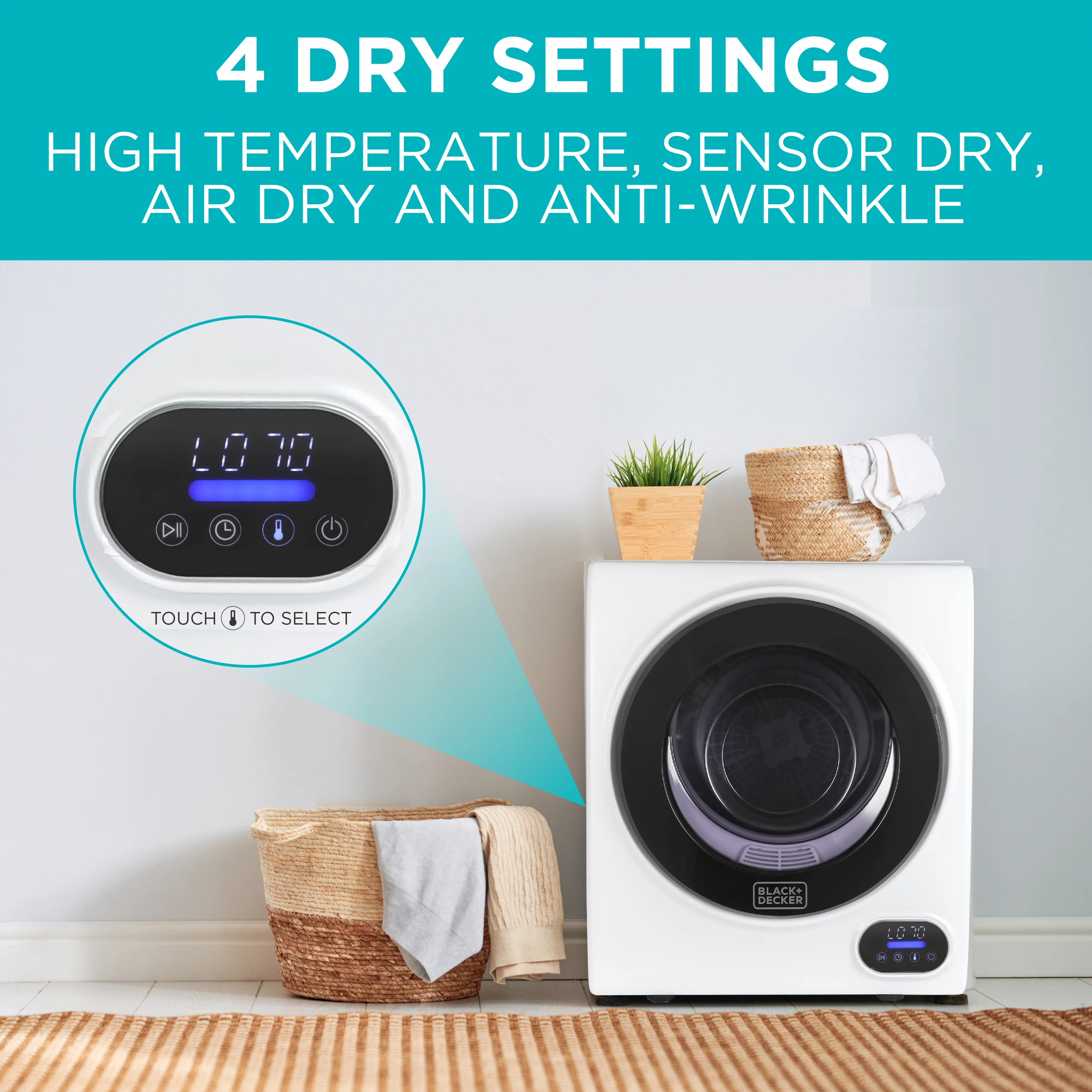 BLACK+DECKER BCED15 Compact Clothes Dryer, 1.5 Cu. Ft. 850W Electric Dryer, 120V Vented Portable Dryer with Stainless Steel Drum, Mini Dryer for 3.3 lbs. of Laundry for Standard Wall Outlet