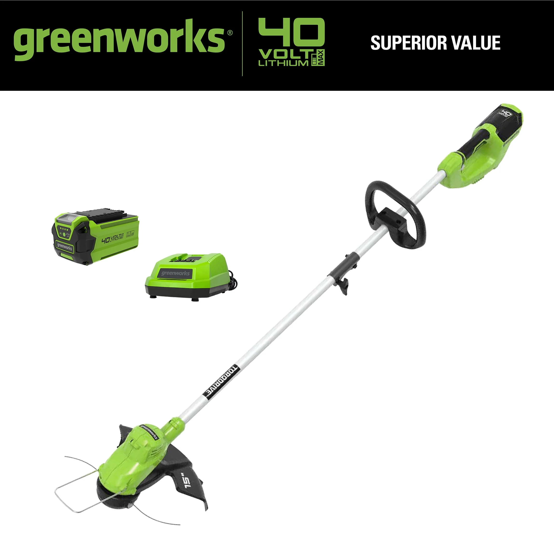 Greenworks 40V 15 Straight Shaft String Trimmer with 2.5 Ah Battery and Charger, 2111802