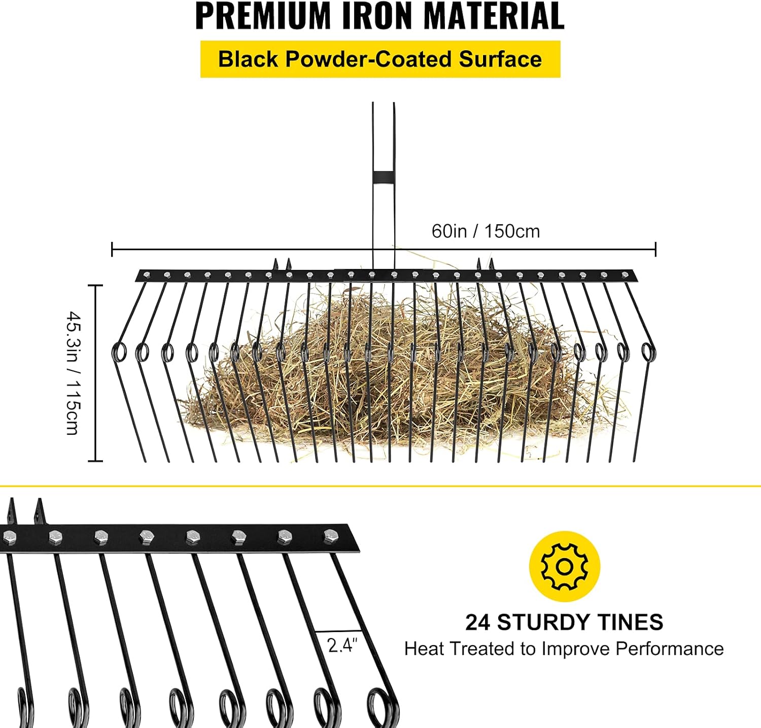 VEVOR Landscape Rake, 60 Inch Wide Tractor Rake, 3-Point Tow Behind Rake with 25.6 Inch Spring Tines, Black Pine Straw Needle Rake Dethatcher, Garden Driveway Rake for ATV UTV and Utility Tractors