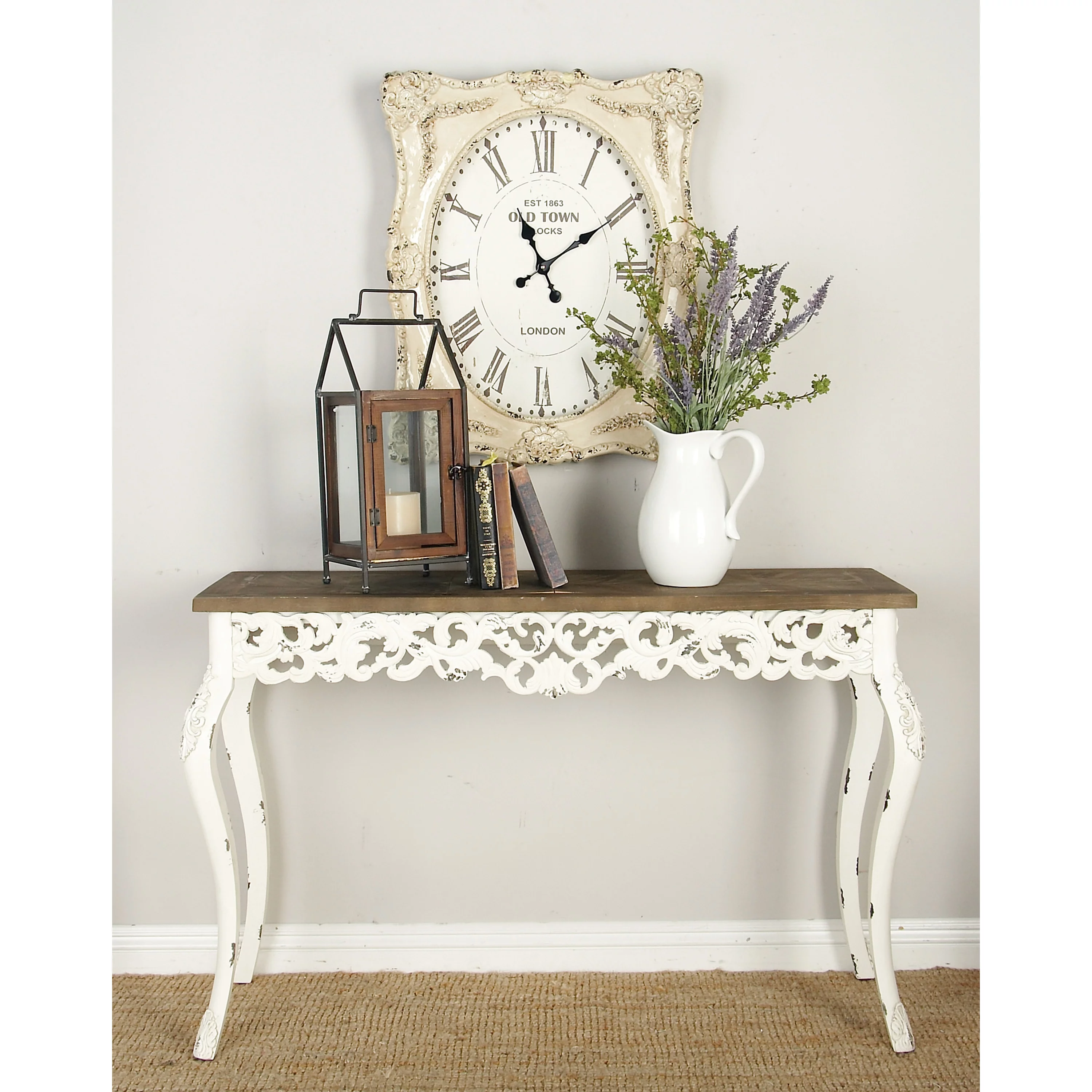 DecMode 46" x 30" White Wood Intricately Carved Floral Console Table with Brown Wood Top, 1-Piece