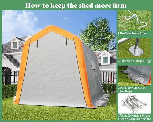 AMERLIFE 10.5x12x8 FT Heavy Duty Portable Shed Storage Shelter, Outdoor Storage Shed with 4 Waterproof Windows & Roll-up Zipper Door, Carport for Motorcycle, Bike, Grey