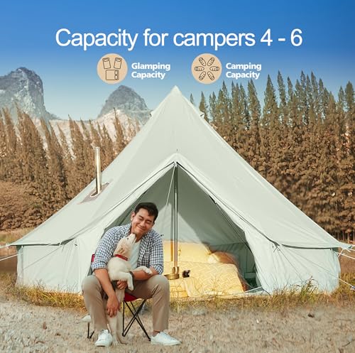 Cotton Canvas Bell Tent, Waterproof Large Tents with Sturdy Center & Door Pole and Space for 4/6/8 Person All 4 Season Camping Yurt Tent