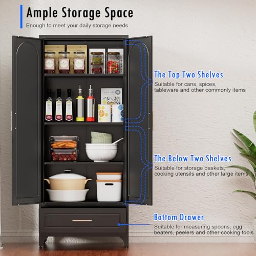 Metal Storage Cabinet with Doors and Shelves, 71 Inch Tall Kitchen Pantry Cabinet, Pantry Cabinets for Kitchen Storage, Freestanding Cupboard for Living, Dining Room, White, Assembly Required
