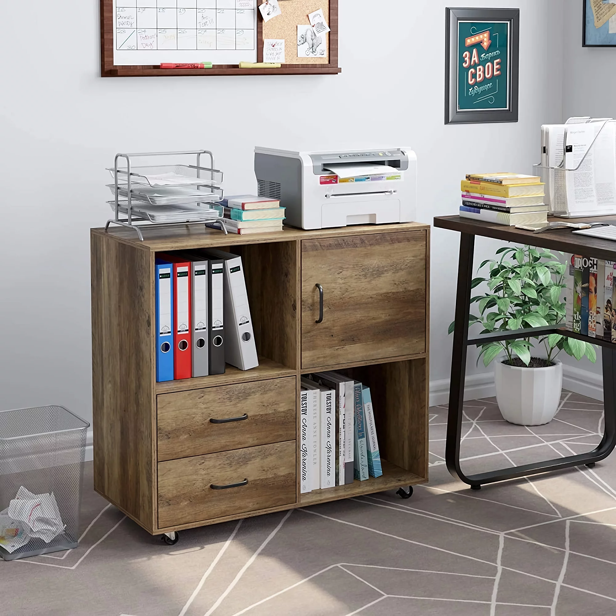 Wooden File Cabinet, Lateral Filing Cabinet Printer Stand with Wheels, 2 Drawers, Storage Shelves, Door Cabinet for Home, Office