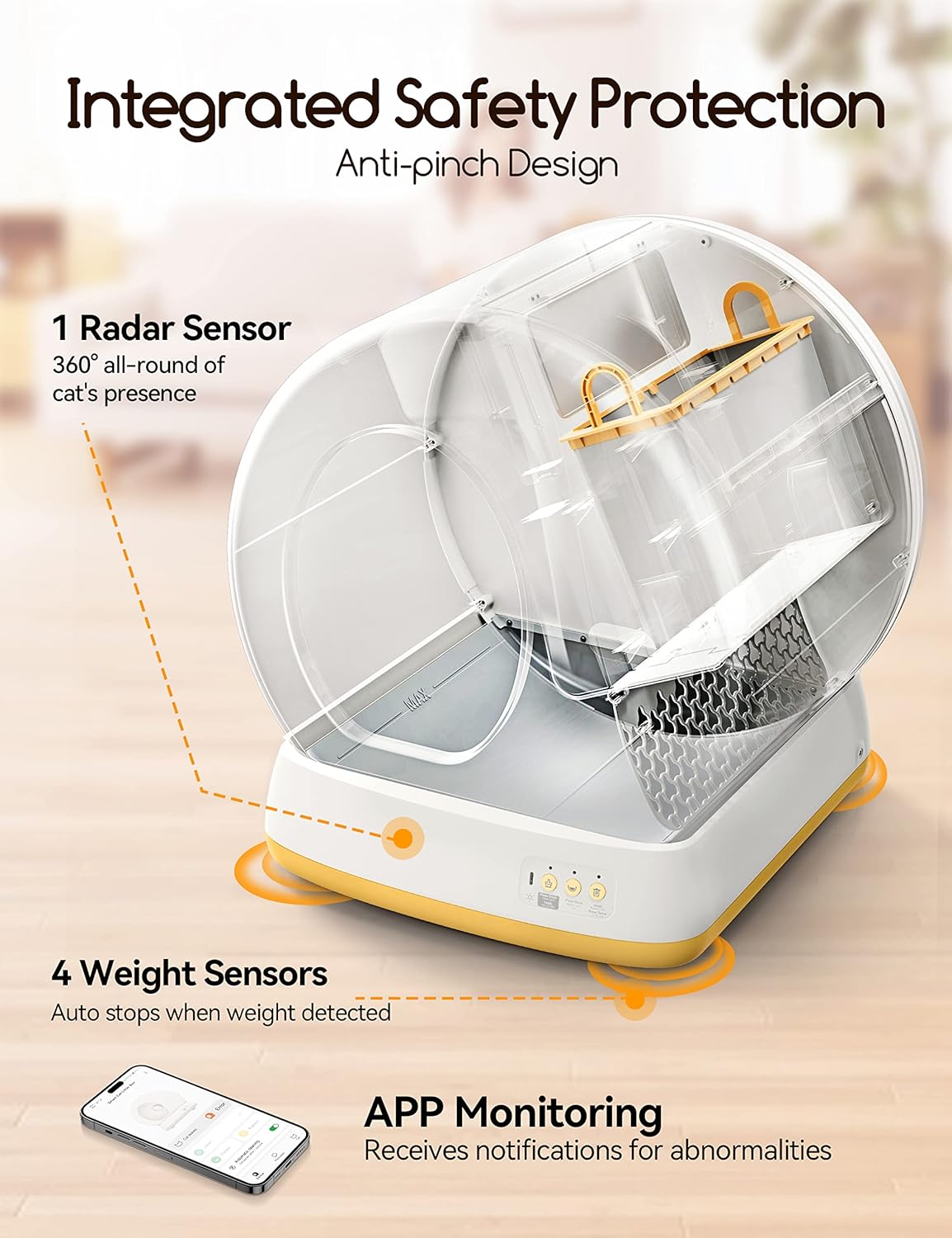MeoWant Self-Cleaning Cat Litter Box-Yellow, Advanced Safety System Automatic Cat Litter Box Perfect for Multi Cats, Extra Large/Odor Control/APP Control Smart Cat Litter Box with Mat & Liner