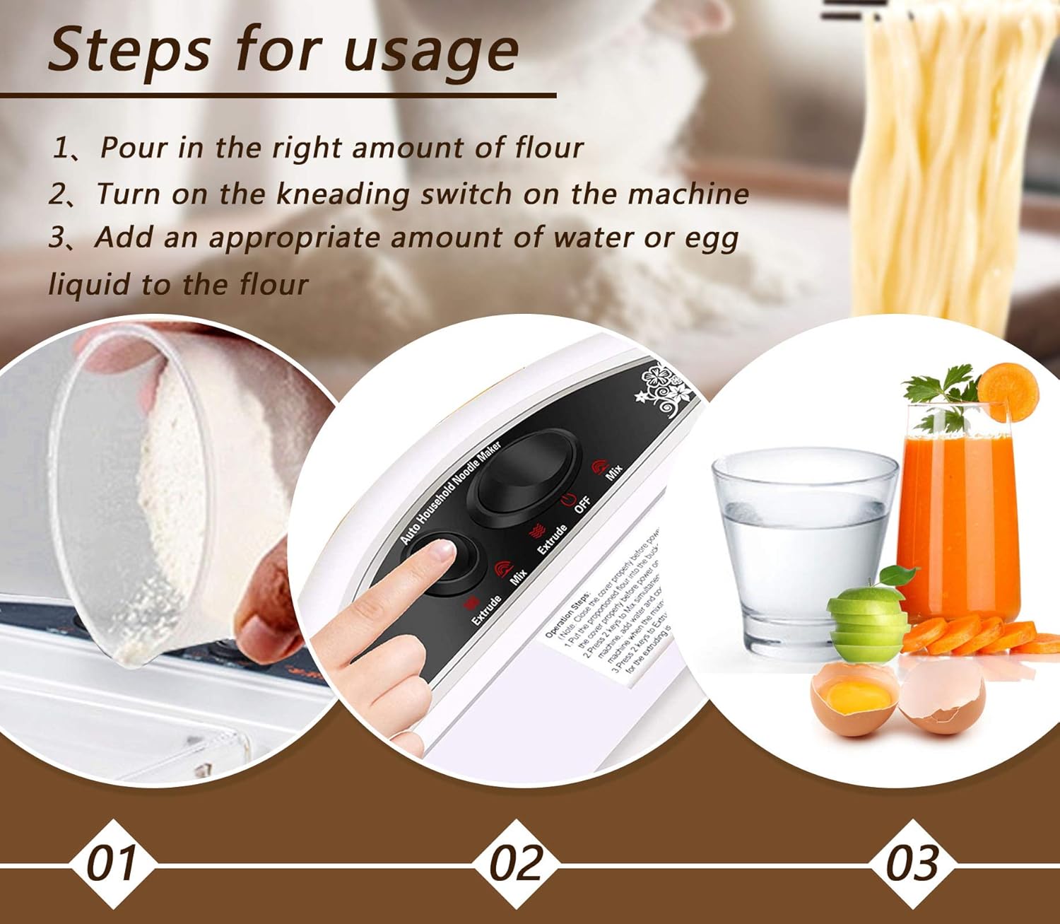 JIAWANSHUN Automatic Pasta Maker Electric Noodle Maker Machine 10molds for Pasta Macaroni Dumpling wrappers 10Mintues for Breakfast (110V)