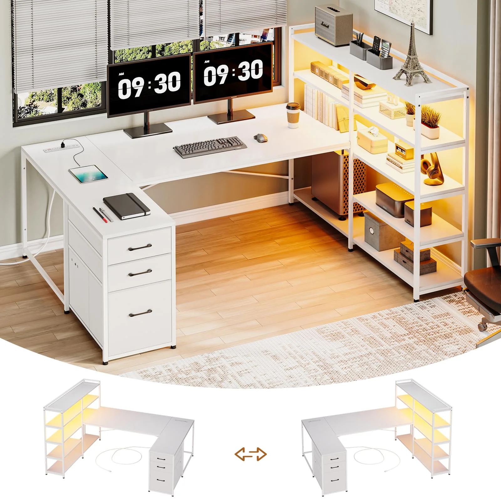 Afuhokles L Shaped Computer Desk, U Shaped Reversible Corner Desk with Power Outlet and Storage Shelves, Gaming Desk with LED Lights, 3 Fabric Drawers, White