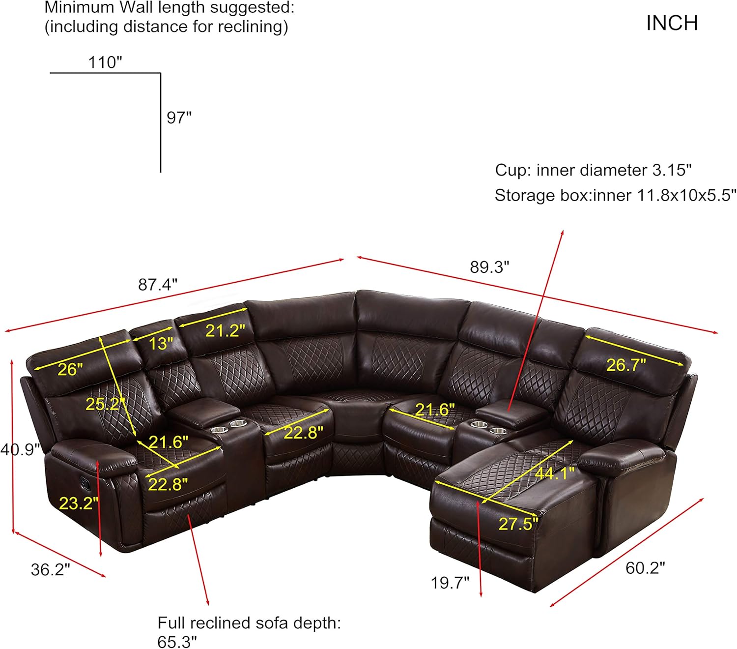 Living Room Manual Motion Upholstered Sectional, L Shape PU Leather Corner Reclining 4 Cup Holders and Storage Boxs for Villa Home Apartment Furniture, Brown Havery Duty Sofa & Couch