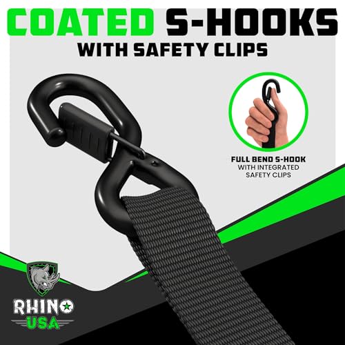Rhino USA Ratchet Straps Heavy Duty Kit (4-Pack) - 1.6 Inch x 8 Feet (5,208lb Break Strength) - Ultimate Tie Down Straps with Safety S Hooks for Trucks, ATV, UTV, Motorcycle, Cargo & More - Black