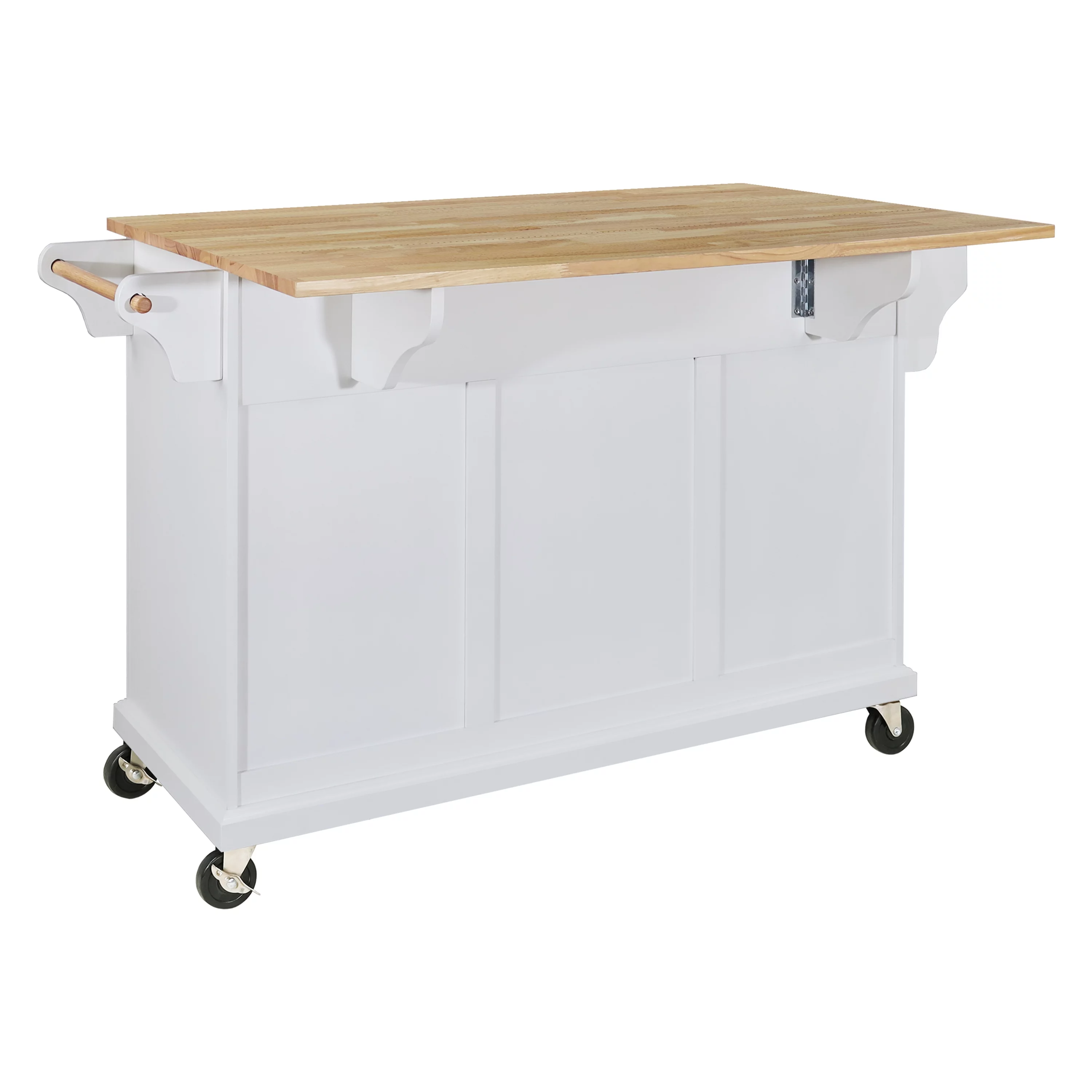 Multi-Functional Storage Island Cart with Rubberwood Countertop and Drop-Leaf, Greenguard Gold Certified, Kitchen Island on Wheels with Large Storage Cabinet,2 Drawers,Spice Rack,Towel Holder, White