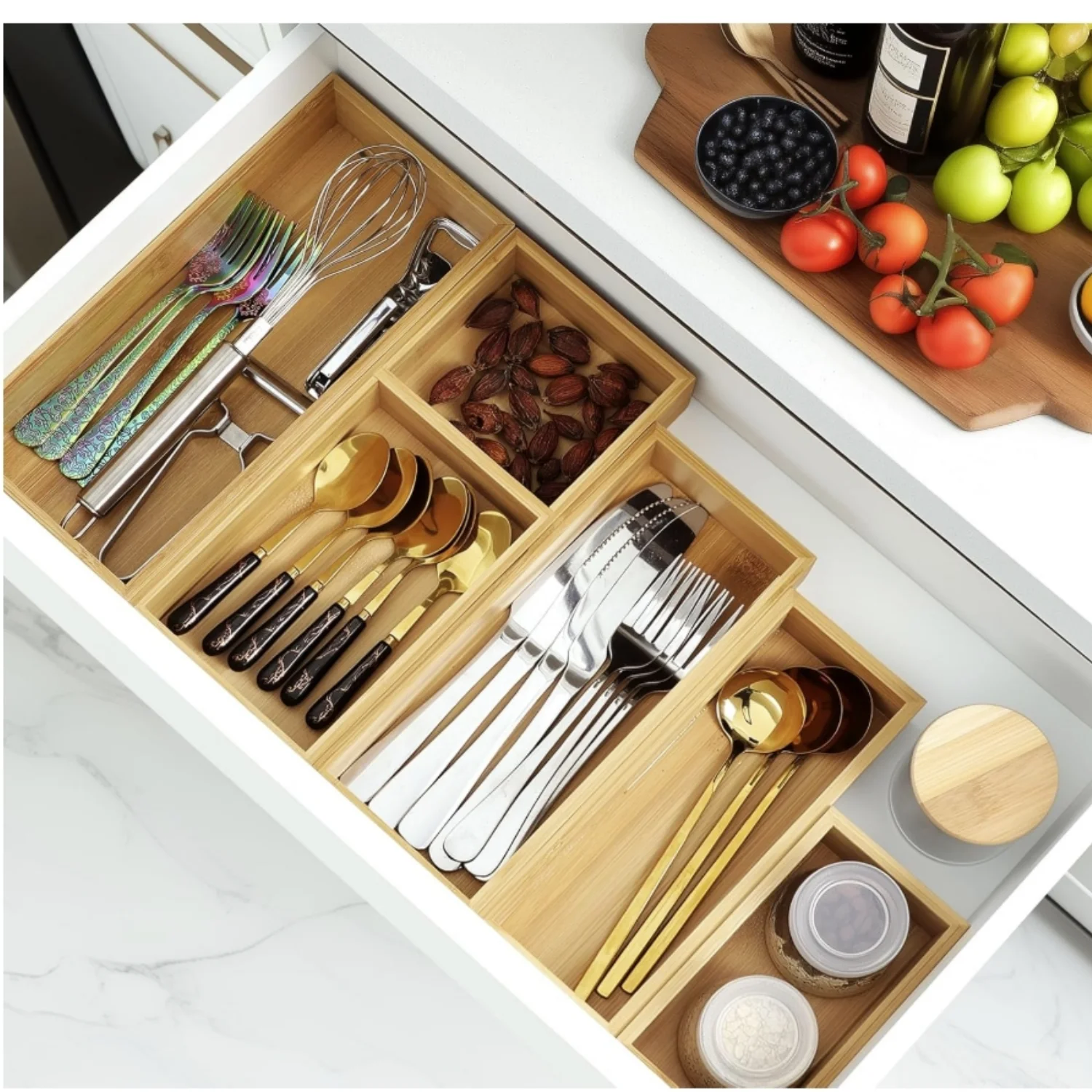 Bamboo Drawer Organizer Set, 5 PCS Multi-Use Individual Wood Storage Organizers, Junk Drawer Divider and Storage Trays Containers for Kitchen, Bathroom, Office Desk, Makeup, Jewelry, Utensils
