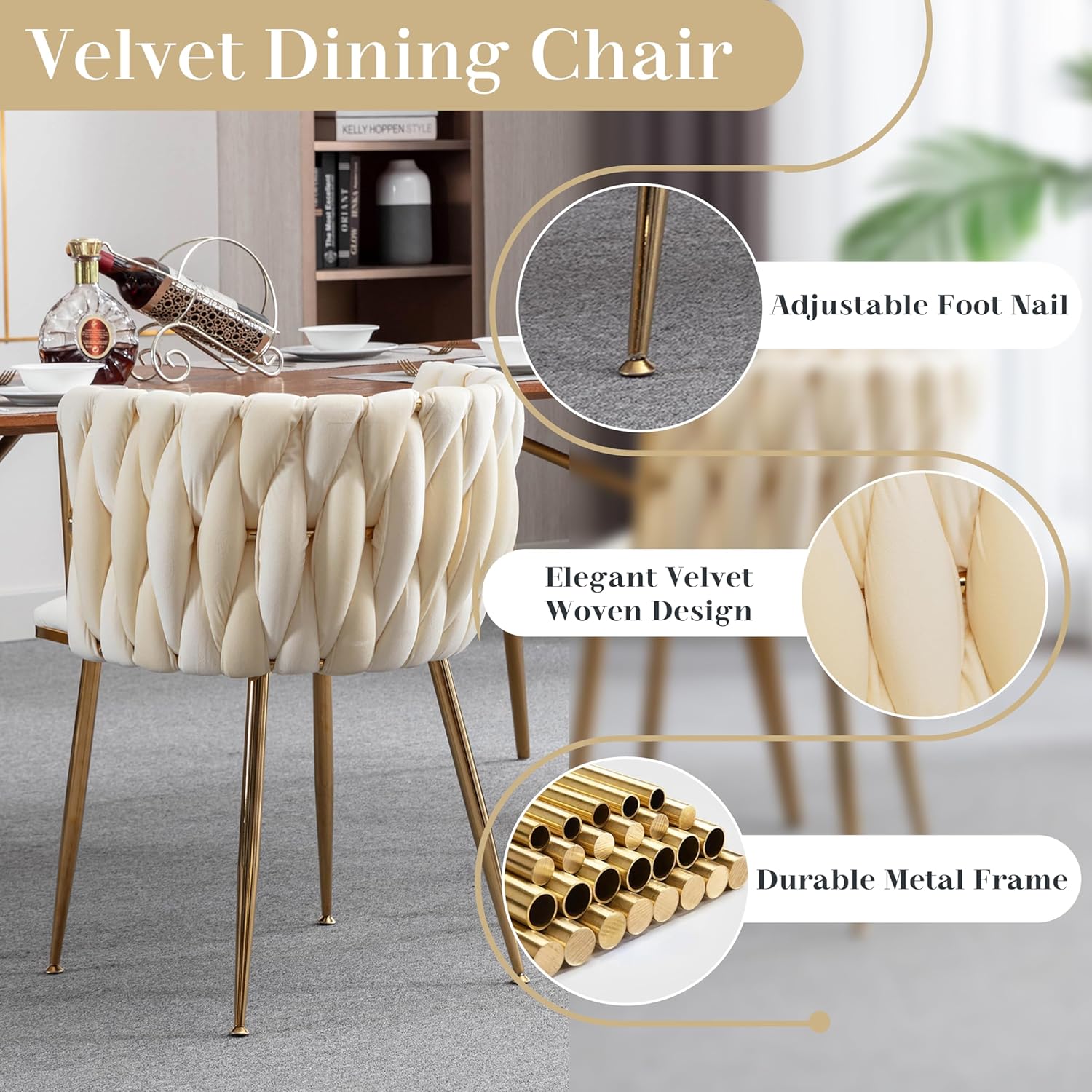 Gold Glass Dining Table Set for 6, 51'' Modern Rectangle Dinner Room Table Set, 7 PCS Clear Glass Top Retro Kitchen Table Set, Beige Woven Dining Chair for Living Room Small Apartment