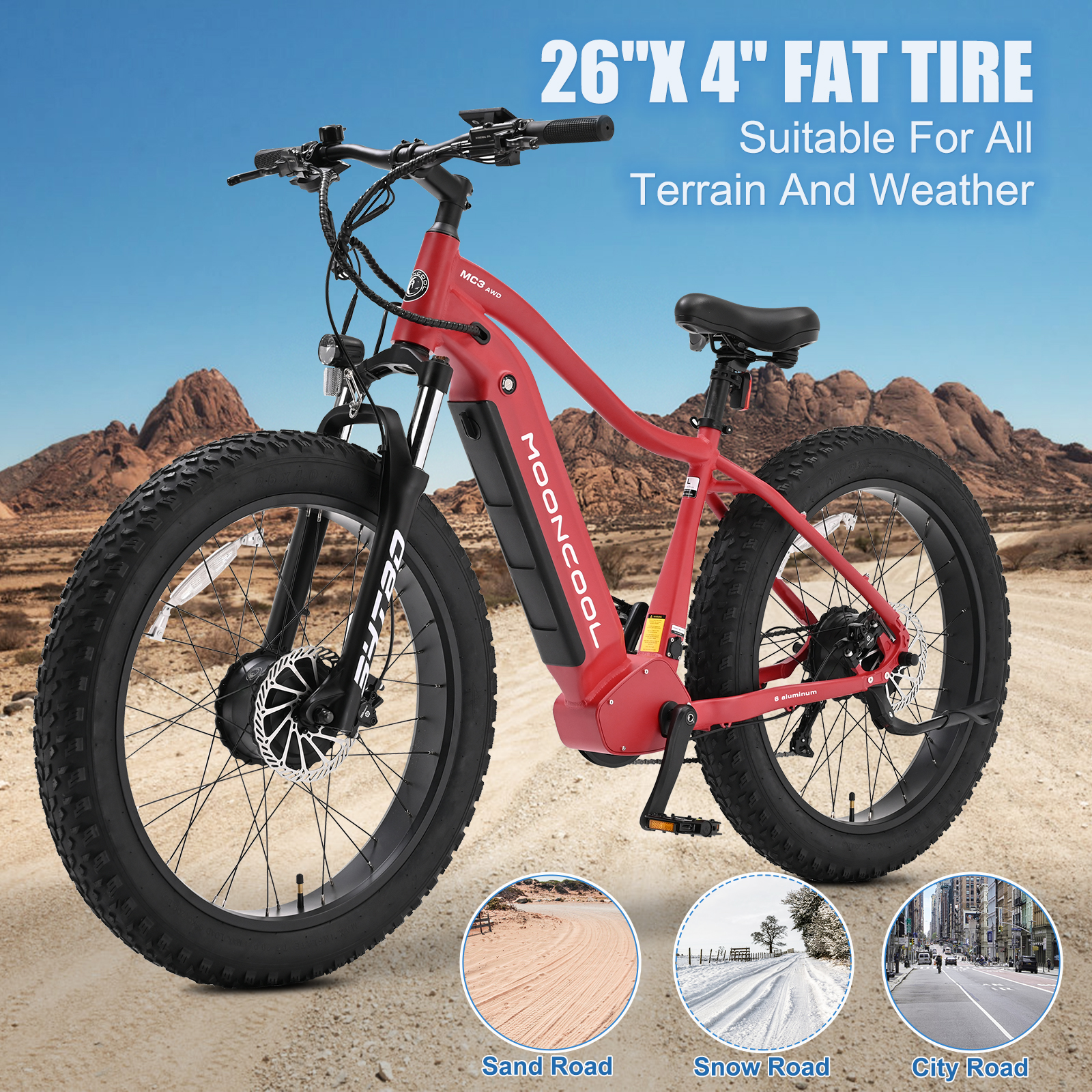 FICISOG 26" x 4" Adult Fat Tire Electric Bike , 500Wx2 Dual Motor AWD MTB, All Terrain Mountain Ebikes, 48V 15AH Removable Battery, 20MPH 7-Speed Electric Bicycle,Single Motor Range 30-45 Miles
