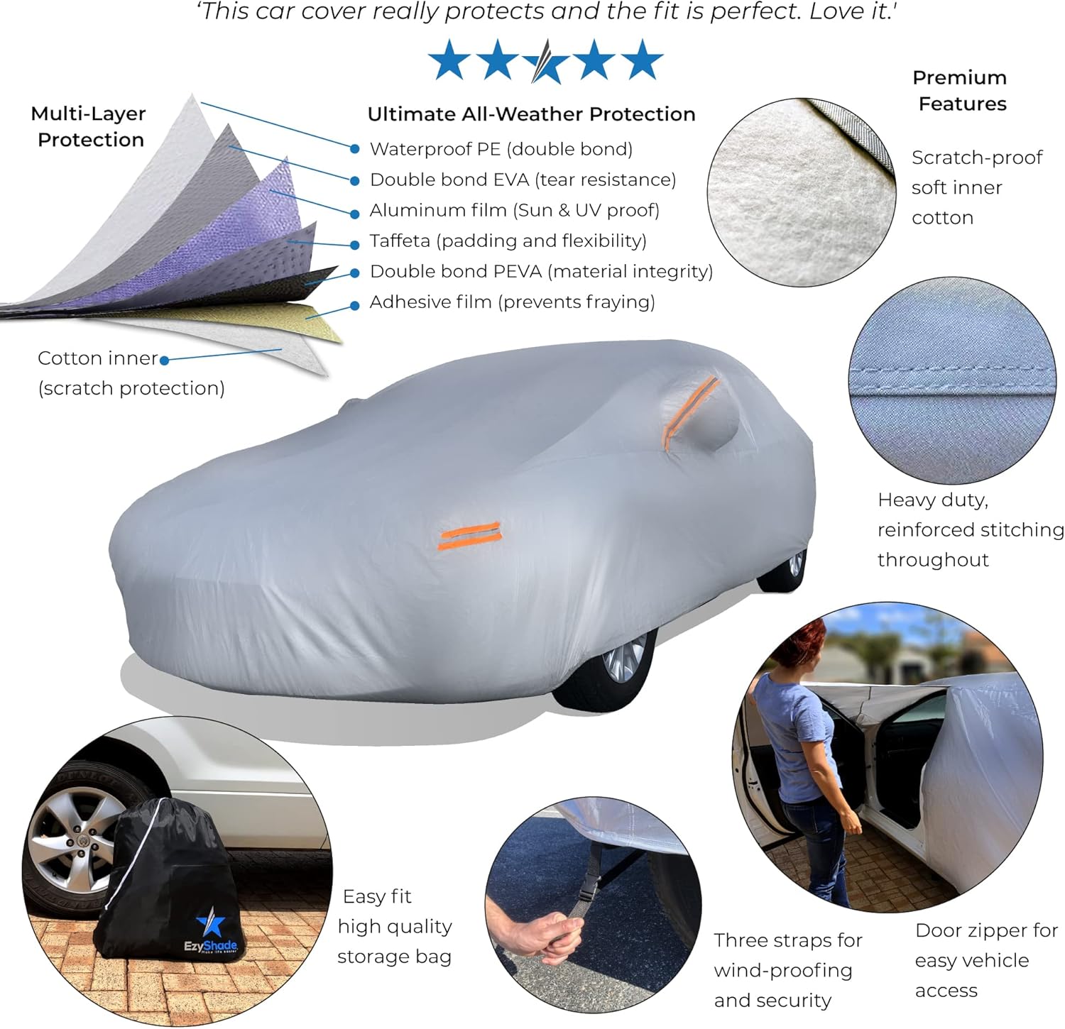 EzyShade 10-Layer Waterproof Car Cover. See Vehicle Size-Chart for Accurate Fit. All Weather Full Exterior Outdoor Covers for SUV MPV Jeep. Sun UV Rain Snow Wind Protection. Size S3 (See Size Chart)