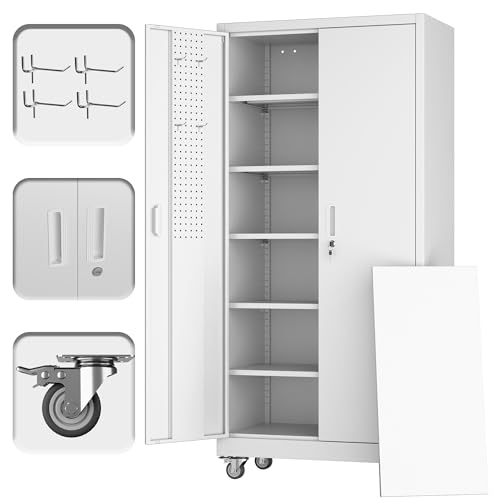 73" H Metal Storage Cabinet with Wheels, Garage Storage Cabinet with 4 Adjustable Shelves and Lockable Doors for Garage Home Office Utility Room,Required Assembly,Black