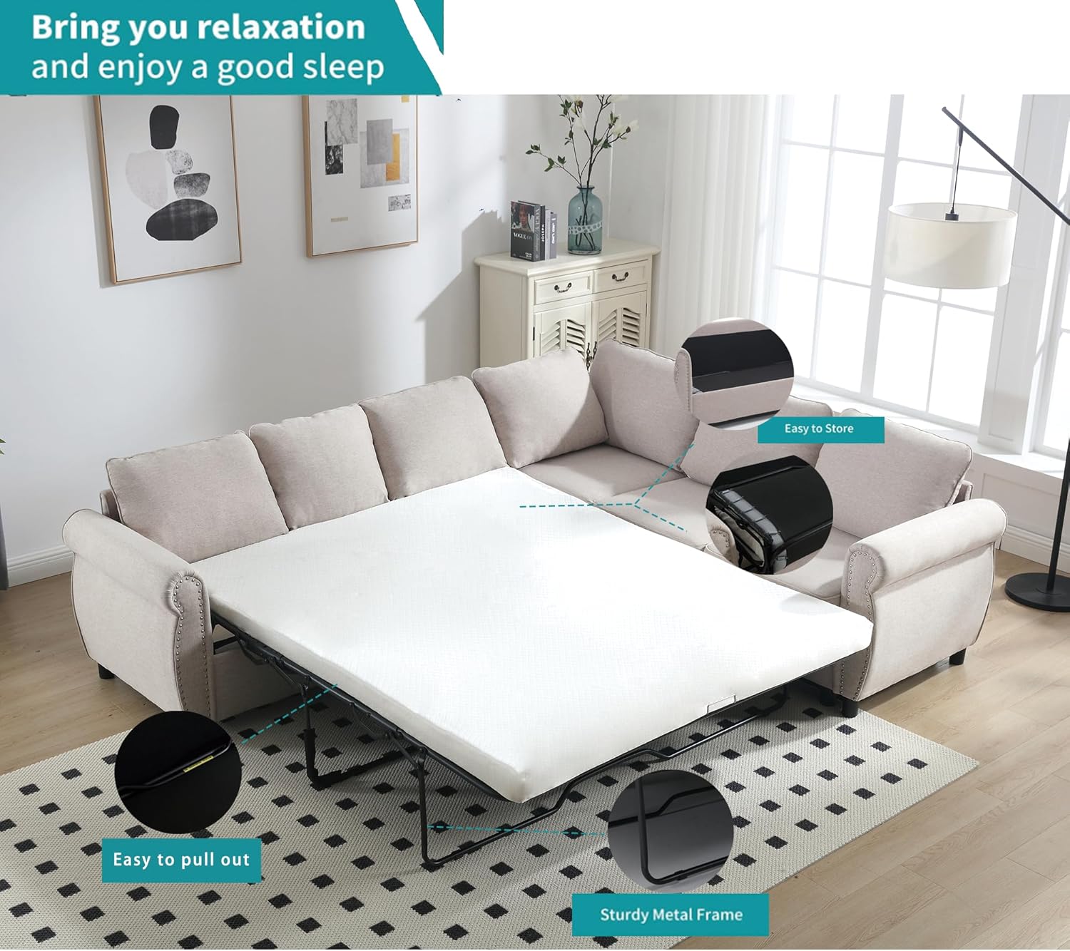 Modular Sectional Sleeper Sofa Couch with Pull Out Bed, 6 Seater Sofa Bed, Convertible L Shaped Sectional Couch for Living Room, Comfy Couch for Apartment, Studio, Office, Home Furniture, Beige