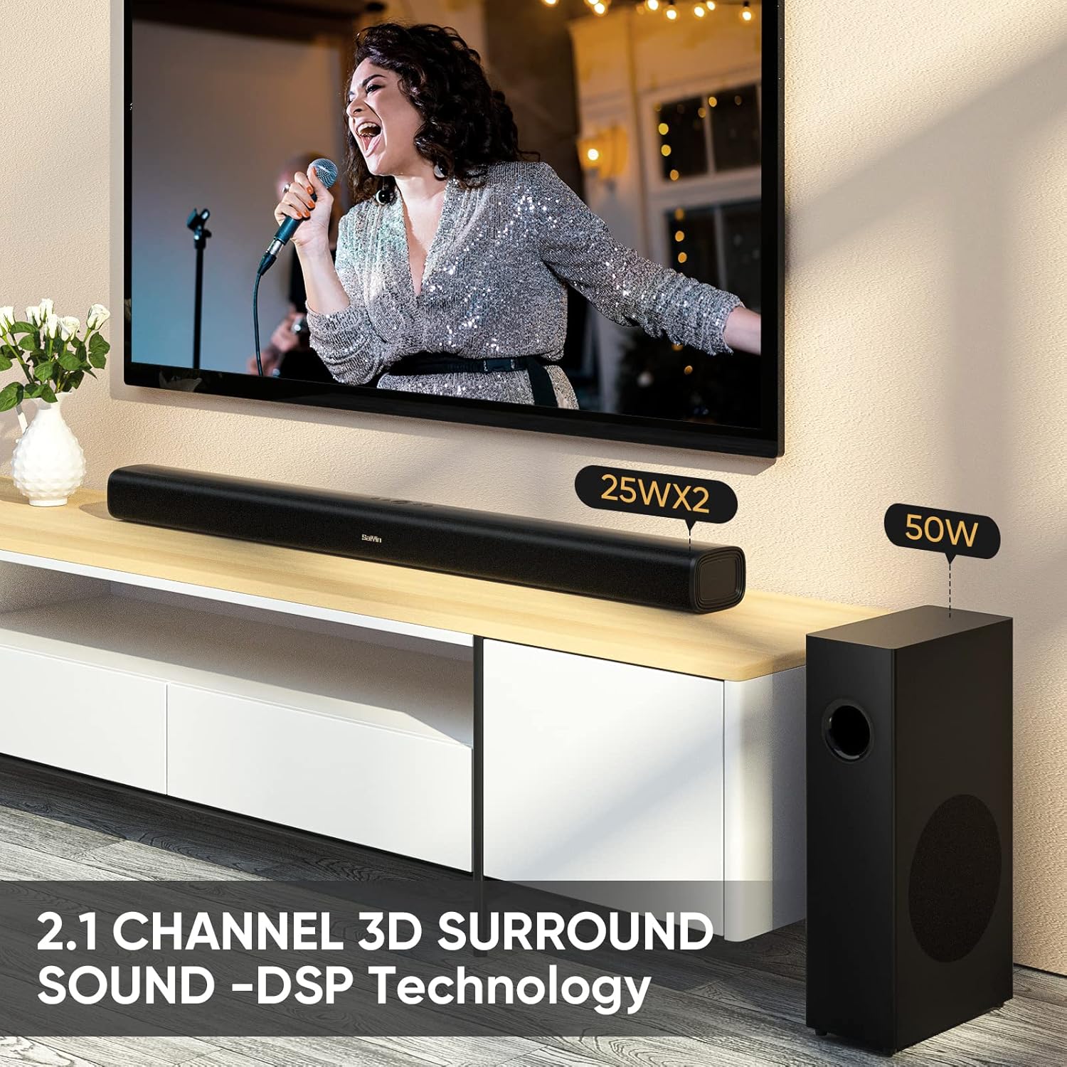 Saiyin Sound Bars for TV with Subwoofer, 100W 2.1 CH Surround Sound System, DSP Home Theater Audio, Bluetooth 5.0/Optical/RCA Connectivity