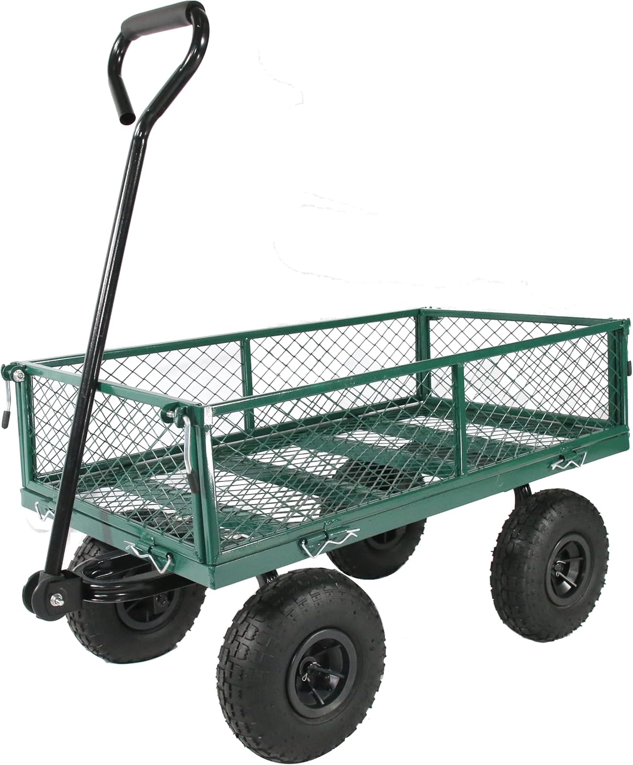 Fihuted Garden Cart Wagon Heavy Duty Mesh Steel, Utility Wagon Cart with Tire Pump , Yard Cart with Removable Sides , Green
