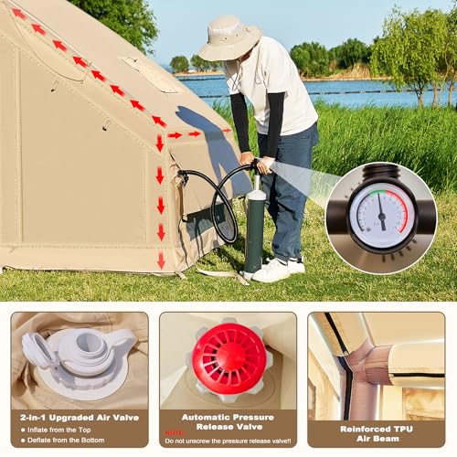 Inflatable Tents for Camping, Blow Up Tent with Hand Pump, Easy Setup Inflatable Hot Tent with Stove Jack, Waterproof Oxford Air Glamping Tents for Camping Adult 4-6 Person