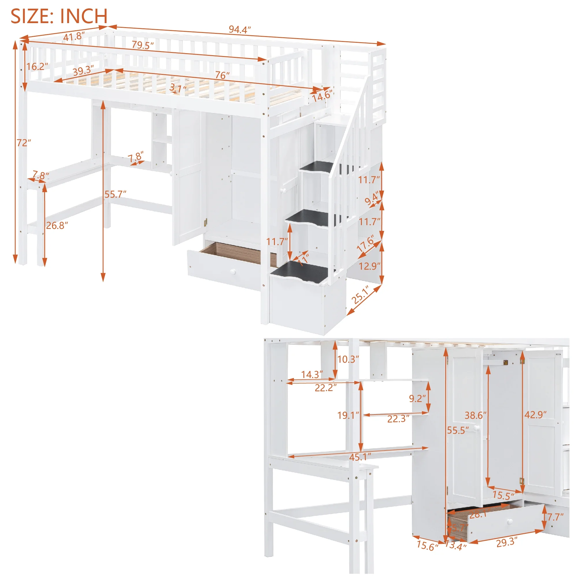 Bellemave Twin Size Loft Bed with Stairs and Wardrobe, Wood Loft Beds Frame with Desk and Storage Drawers, Stairway Loft Bed for Kids, Teens & Adults（White）