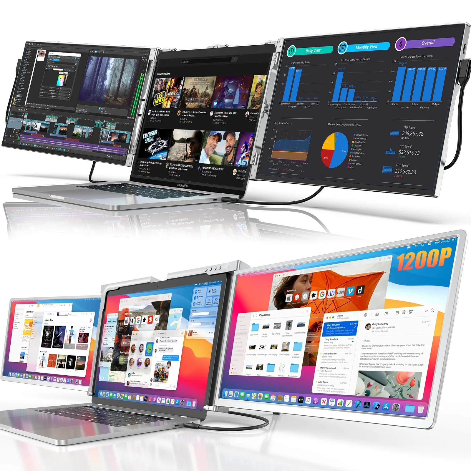 LIMINK 14inch Laptop Monitor Extender with 1 Cable Connect Protable Extended Dual Screen for 15-17.5inch Laptops,1200P Frameless Tri-Screen Plug and Play ,Travel Monitor - Curated Treasures Market
