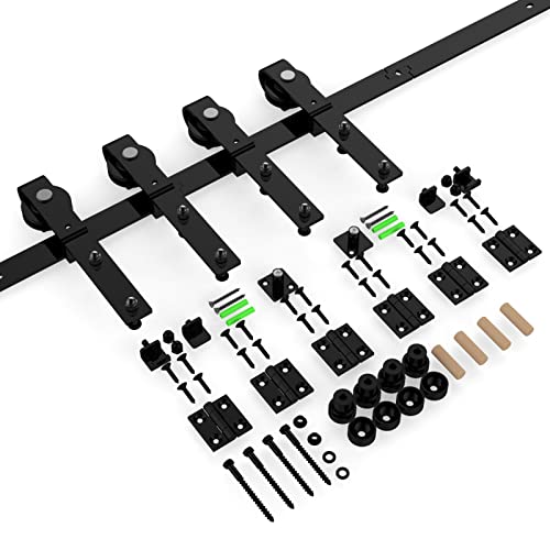 14FT Bi-Folding Sliding Barn Door Hardware Kit for 4 Doors,Slide Smoothly Quietly,Black Track J Shape Roller,No Door