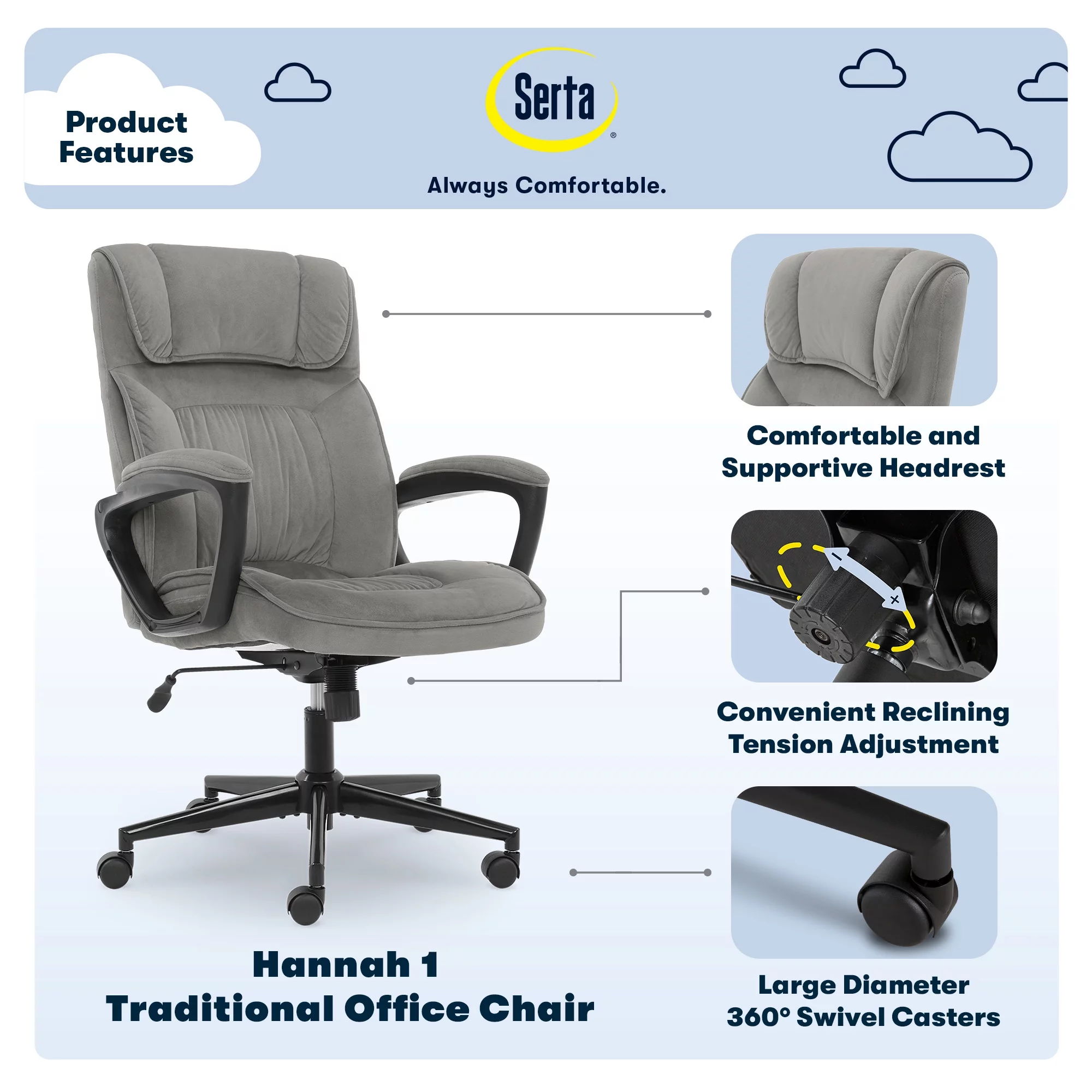 Serta Hannah Microfiber High Back Executive Office Chair with Arms, 250 lb. Capacity, Gray