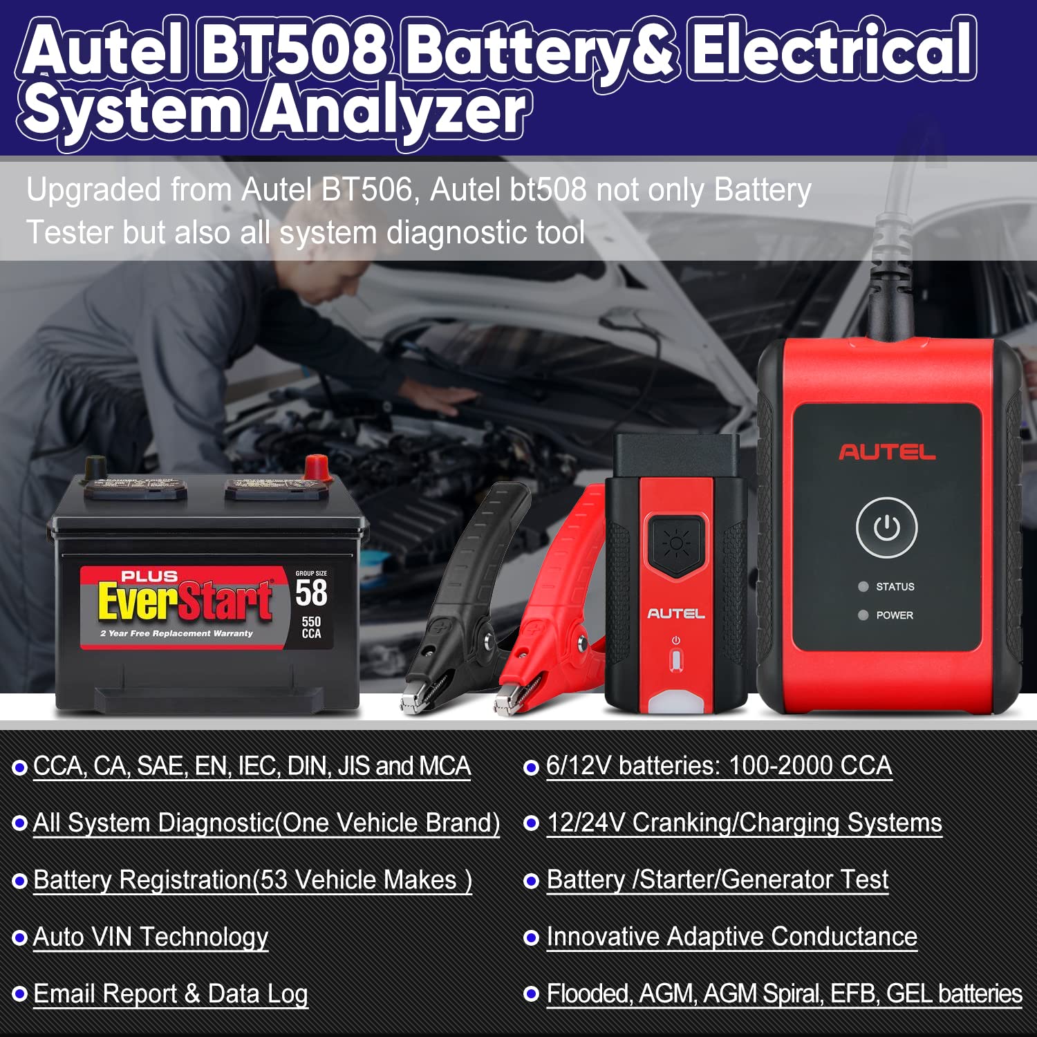 Autel Battery Tester MaxiBAS BT508, 6V 12V 100 - 2000 CCA Load Tester, Auto Battery Analyzer Charging Cranking System, Adaptive Conductance (Worth $1000), All System Diagnostic Tool, Upgraded of BT506