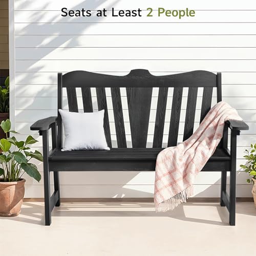 Outdoor Bench, 2-Person Weatherproof Garden Bench with Wide Armrests and Backrest, All-Weather Patio Bench Will not Rot and Fade for Garden, Porch, Backyard and Park, Easy Installation, Black