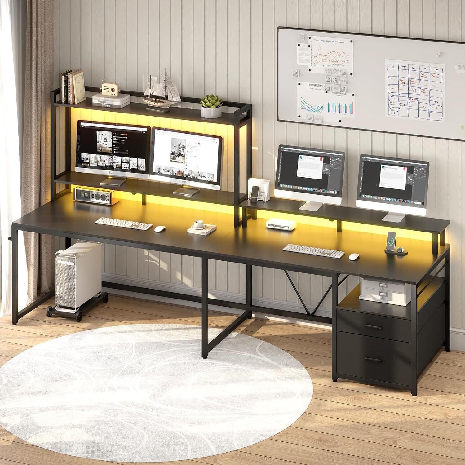 New Modern Black 67" L Shaped Desk Computer Monitor Shelf Two Person Cabinet File Drawer Storage Shelves Led Lights Corner Reversible Office Study Home 67”L x 47.2”W x 62.2”H of Set