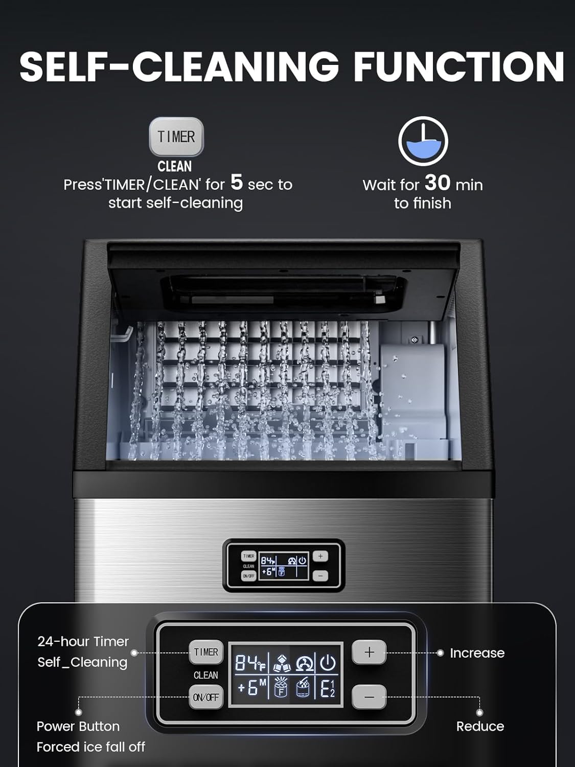 Kndko Commercial Ice Maker Machine, 100 lbs/24H, Stainless Steel Ice Maker with 2 Way Add Water, Under Counter Ice Machine, Freestanding Ice Maker, 24H Timer,Ice Machine for Home,Bar,Restaurant,RV