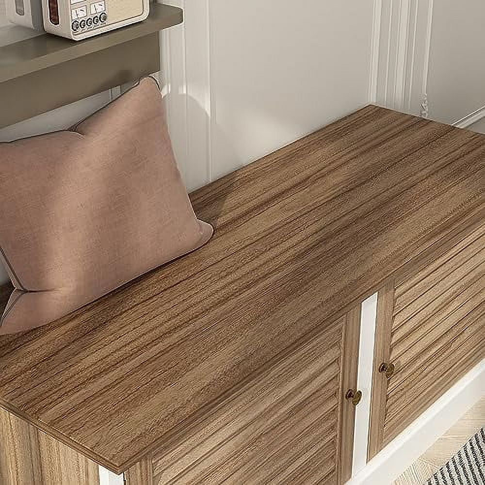 RUNFAYBIU 43.3"  Bench with Louver Doors  Entryway Shoe Bench with  Shelves ; Spacious Seat for Hallway  Mudroom ; Living Room  Brown and White