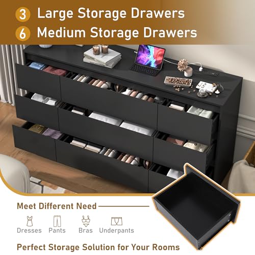 White Dresser for Bedroom, Modern 9 Drawer Dresser with Charging Station, 63 Inch Large Wood Chest of Drawers Handle Free, Long Dresser for Bedroom, Living Room, Entryway, Hallway