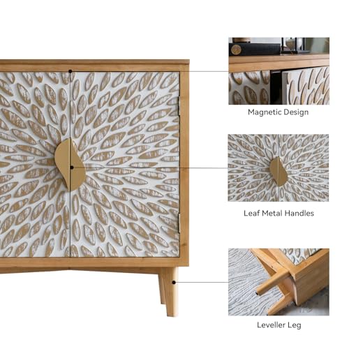 Farmhouse Sideboard with Leaf Design Doors, Decorative Storage Cabinet Freestanding Buffet Sideboard Credenza with Wood Legs for Living Room, Kitchen, Dining, Office and Entryway