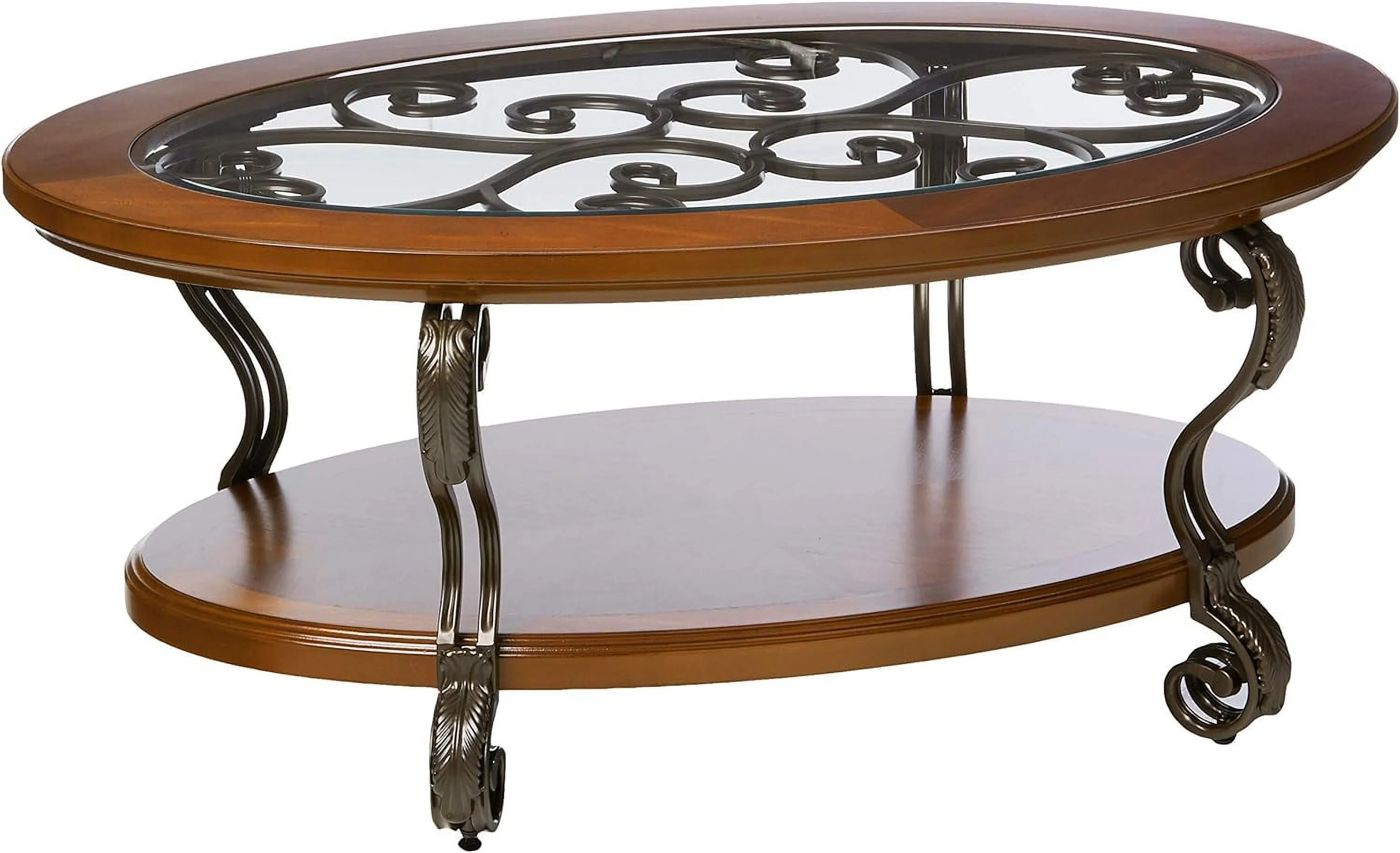 Nestor Traditional Oval Coffee Table With Beveled Glass Top, Scrollwork Underlay And 1 Fixed Shelf, Dark Brown