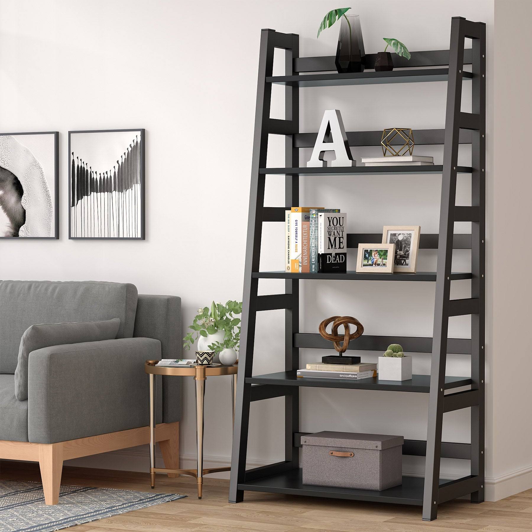 5-Tier Ladder Bookshelf Bookcase, 5 Shelf Ladder Shelves for Living Room - Brown