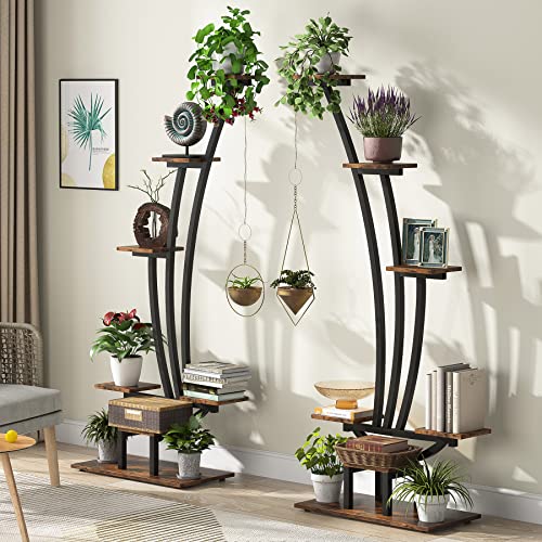 Tribesigns 6-Tier Tall Indoor Plant Stand Pack of 2, Metal Curved Display Shelf with 2 Hanging Hooks, Multi-Purpose Bonsai Flower Pots Plant Rack for Indoor, Garden, Balcony, Living Room
