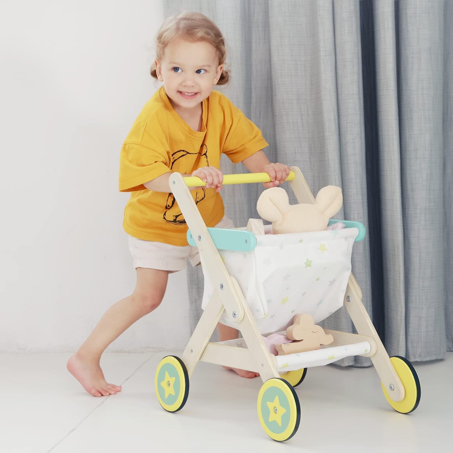 labebe Kids Push Walker & Baby Wooden Shopping Cart 2-in-1, Toddler Wood Trolley Toys to Learning Walk for Girls & Boys 1-3 Years Old